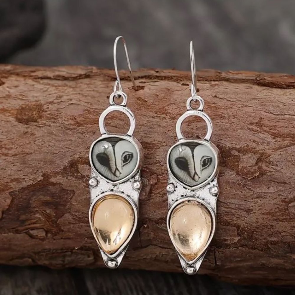 NEW Silver and Golden Amber Bead Boho Owl Drop Earrings Pierced